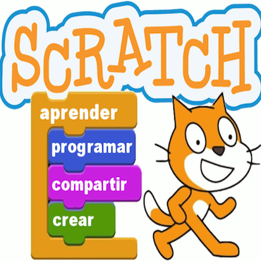 The Scratch cat standing in front of some multicolored Scratch blocks