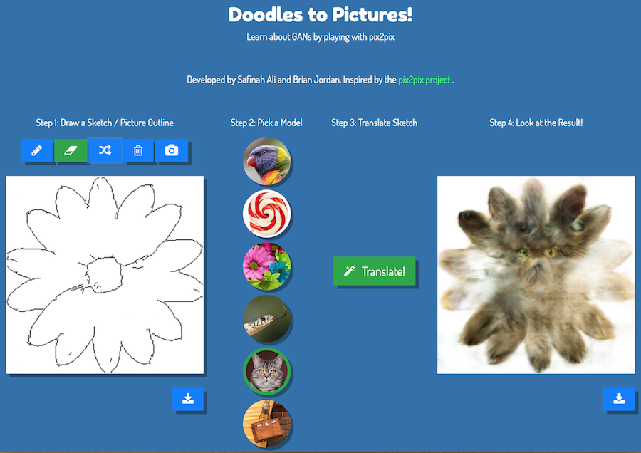 Screenshot from online activity where a sketched image can be style transfered into a parrot, lollipop, flowers, snake, cat, or handbag. Here, a sketch of a flower has a cat style transferred upon it, resulting in a flower that looks like a cat.