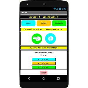 Rock paper scissors game interface on a virtual Android phone